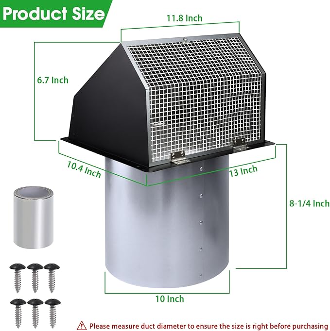 10 Inch Hooded Wall Vent with Screen and Damper, Outdoor Wall Exhaust Vent