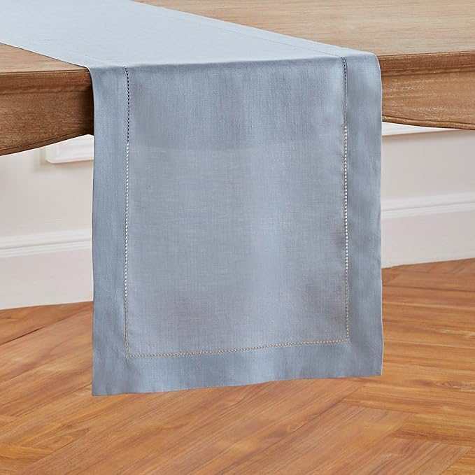 Solino Home Linen Dusty Blue Table Runner 36 Inches - Classic Hemstitch, 100% Pure Linen Coffee Table Runner 14 x 36 Inch Ideal for Dresser Tables - Fall, Autumn, Halloween, Thanksgiving