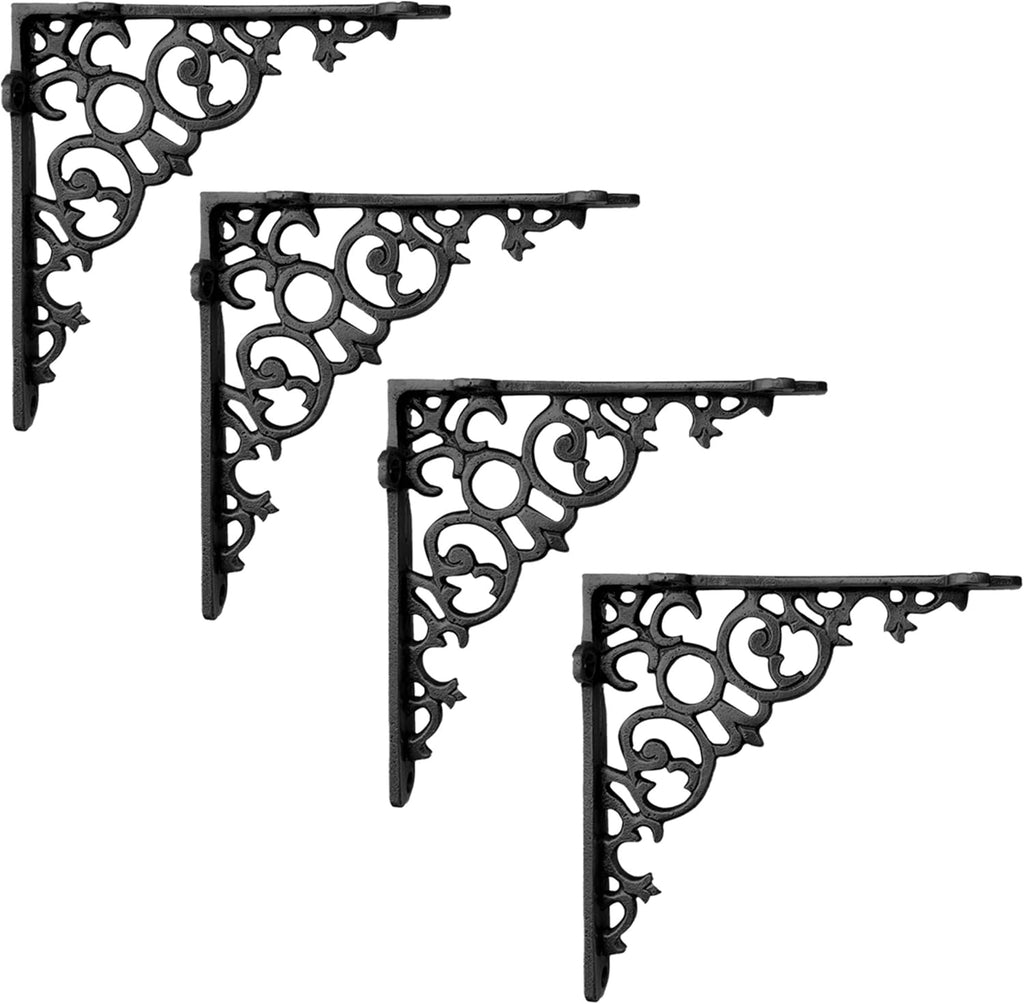 NACH Decorative Shelf Brackets, 4 Pack of 6 x 1.3 x 6 inch, Black Cast Iron Shelf Support Bracket - Metal Shelf Brackets for Wall - Victorian Shelf Bracket
