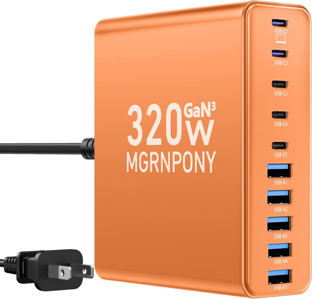 320W USB C Charger Block, 10-Port USB C Charging Station GaN III PD 65W Laptop