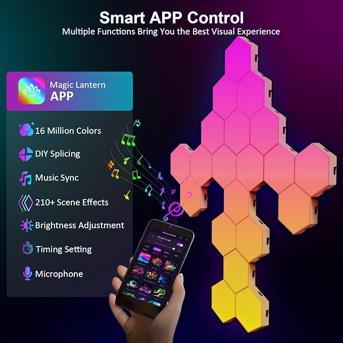 ODISTAR Hexagon Wall Light Panels- Smart APP RGB Hexagonal LED Modular Lights (8 Pack)