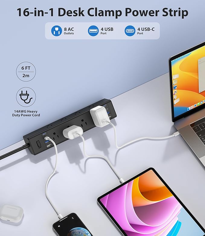 40W Fast Charging Station, Desk Clamp Power Strip 20W USB C, 8 Outlets