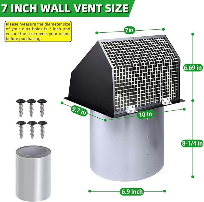 7Inch Wall Vent with Screen and Damper, Galvanized Steel Hooded Wall Vent Cover