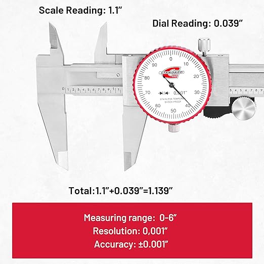 Standard Gage 0-6" Range SAE Dial Caliper Measuring Tool, Analog Precision