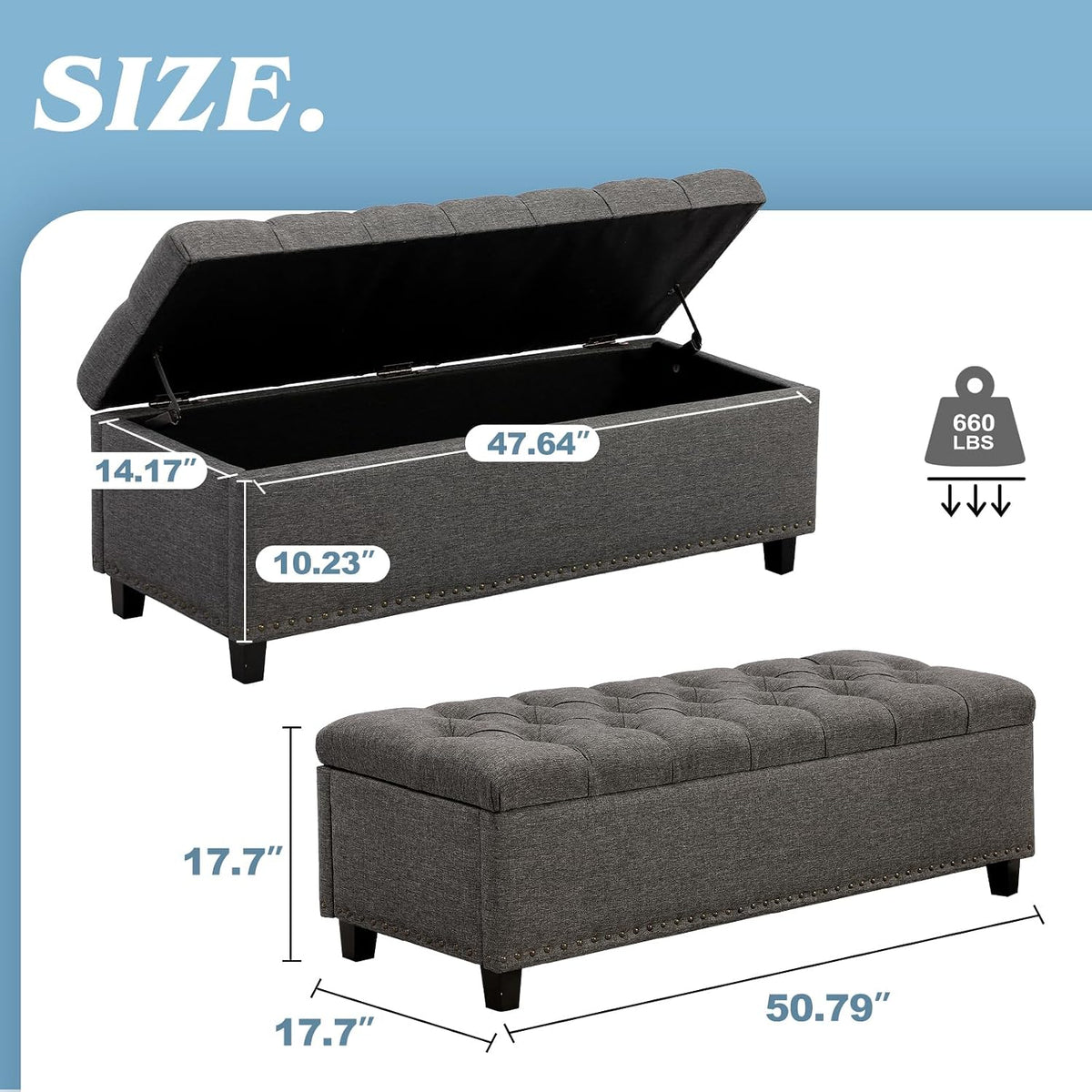 51" storage bench for bedroom, tufted storage ottoman shown in use