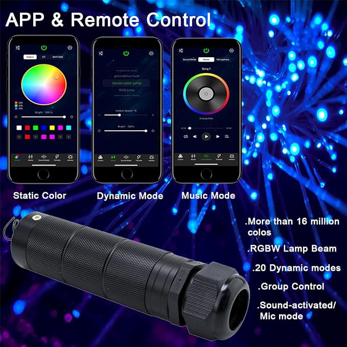 AZIMOM Car Use Bluetooth 6W RGBW LED Fiber Optic Lights Star Ceiling Light Kit