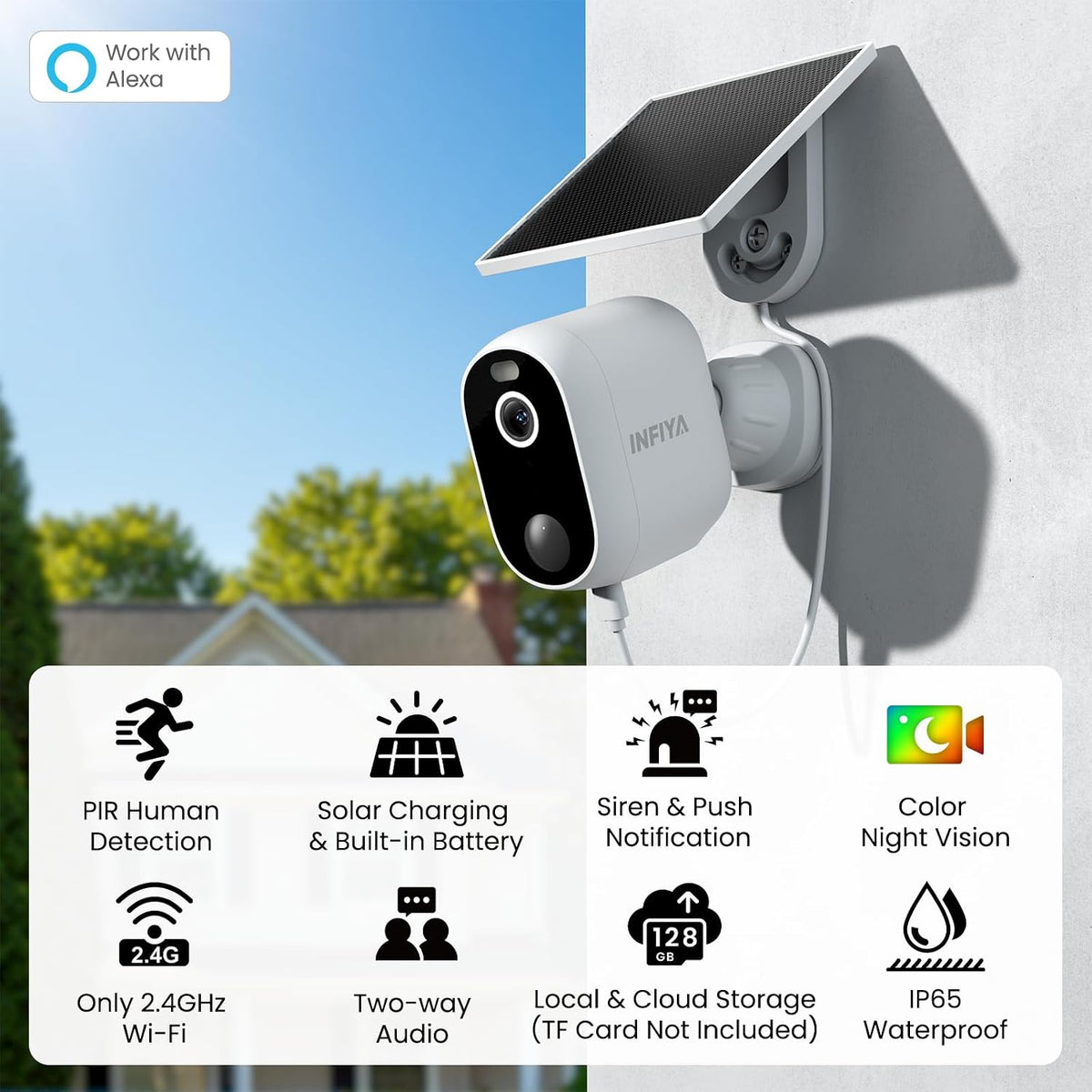 infiya security cameras wireless outdoor, solar & battery shown in use