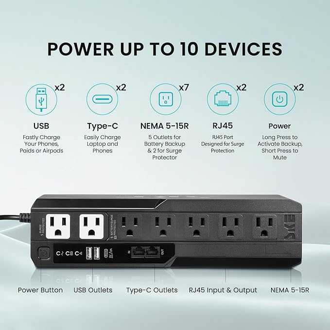 SKE Compact Size 625VA/360W UPS Battery Backup & Surge Protector