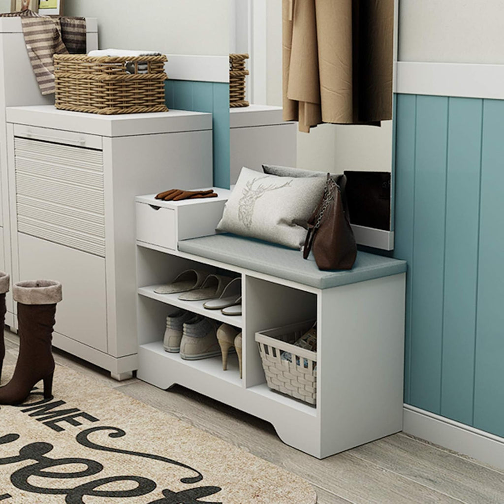 leyo shoe storage benches with cushion seating white on a desk or shelf
