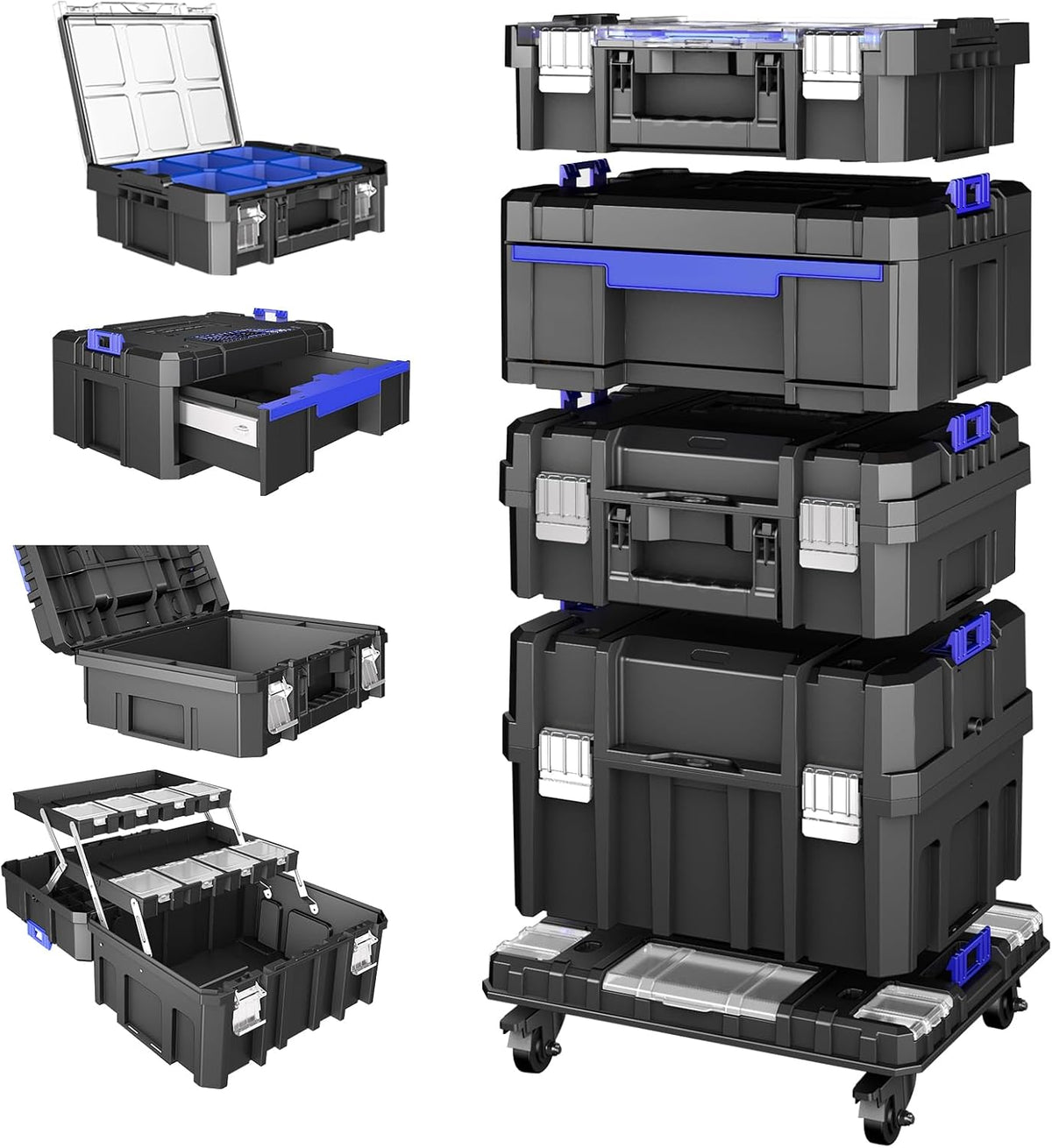 AIRAJ 4 Tier Rolling Tool Box with Wheels, 18” Stackable Tool Box Organizer