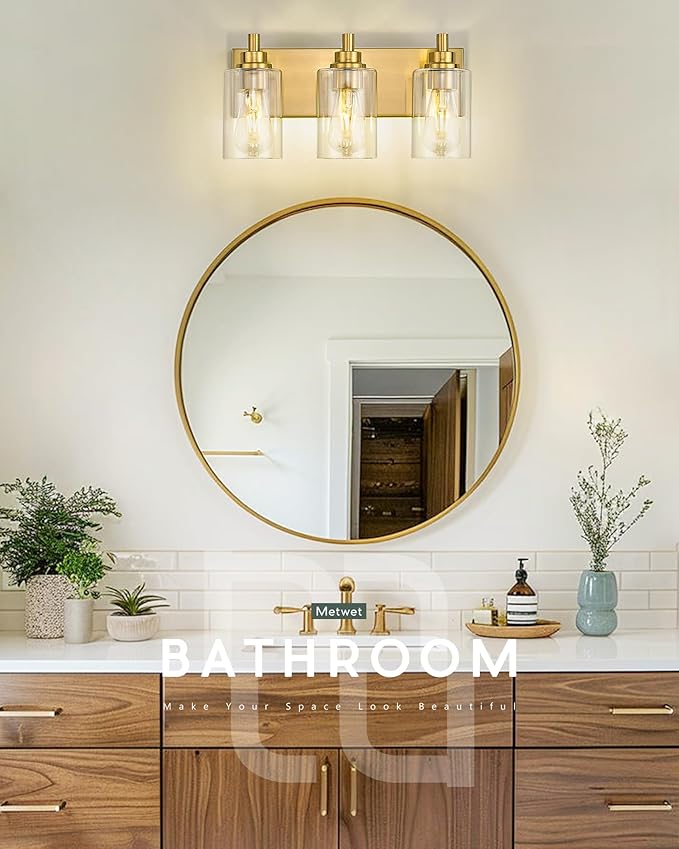 METWET 3-Light Bathroom Light Fixtures, Brushed Gold Vanity Light