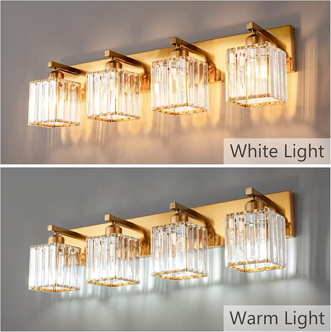 FDPBY Modern Vanity Light 4-Lights Modern Gold Brushed Brass Finish Crystal