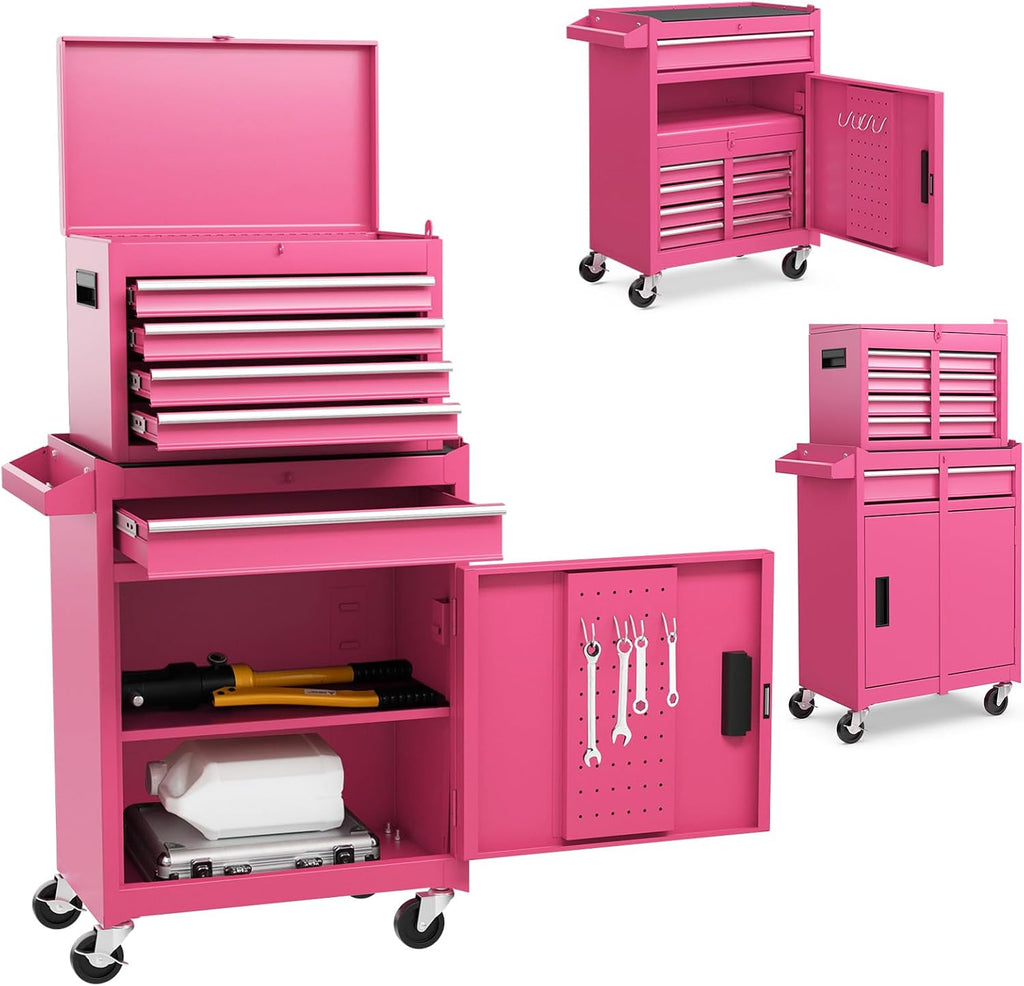 DREAMADE 5-Drawer Tool Chest Combo, Rolling Tool Cabinet w/Detachable Top Tool Box, Adjustable Shelves, Lockable Wheels, Metal Tool Box for Garage, Workshop, Repair Shop Storage (Pink)