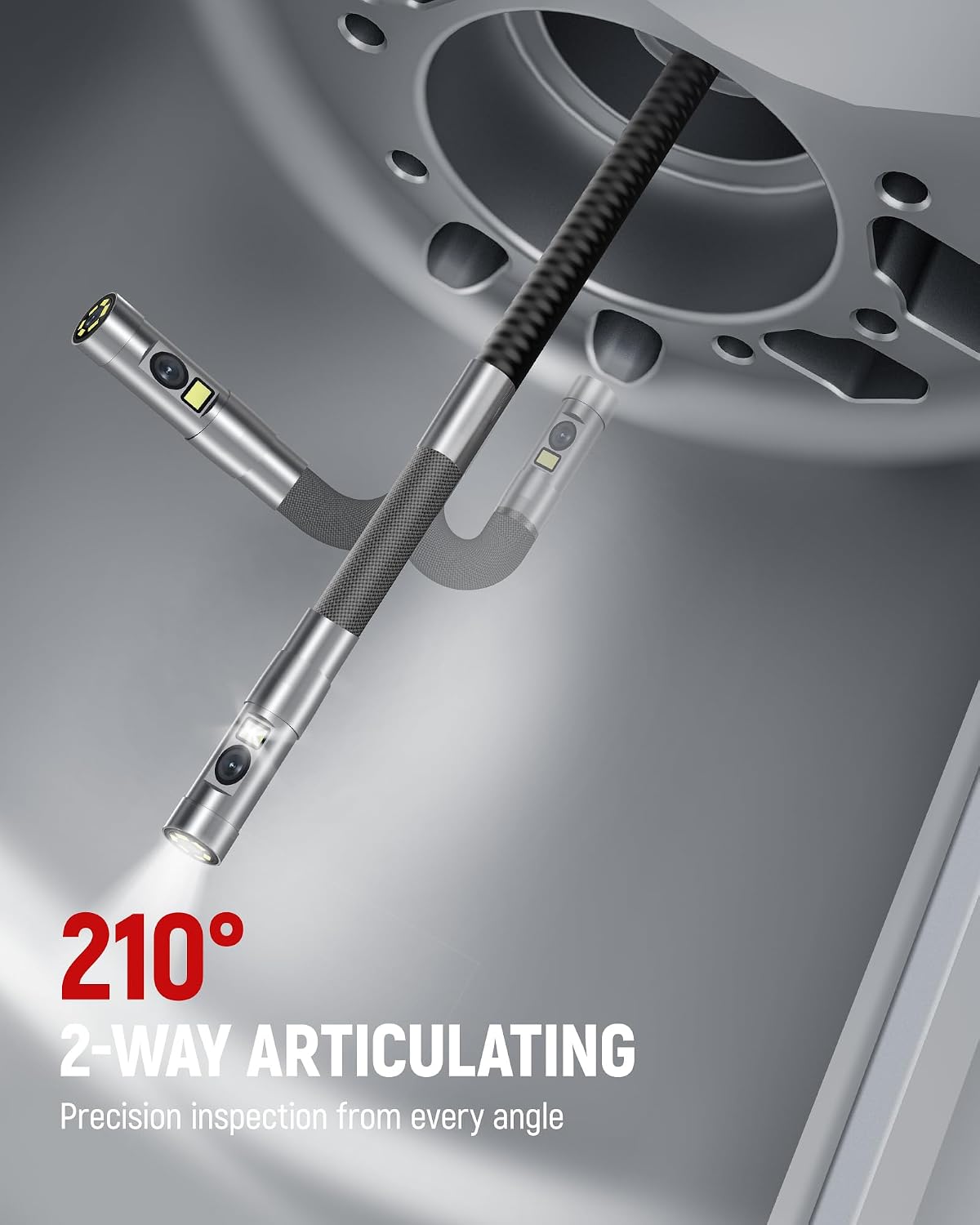 dual lens two-way articulating borescope camera with light on a desk or shelf
