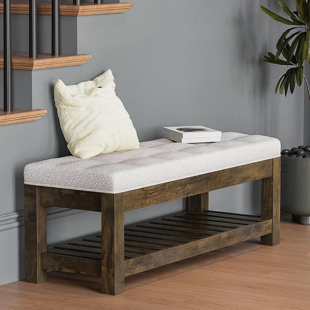 47.2" Upholstered Ottoman Bench with Wood Storage Shelf