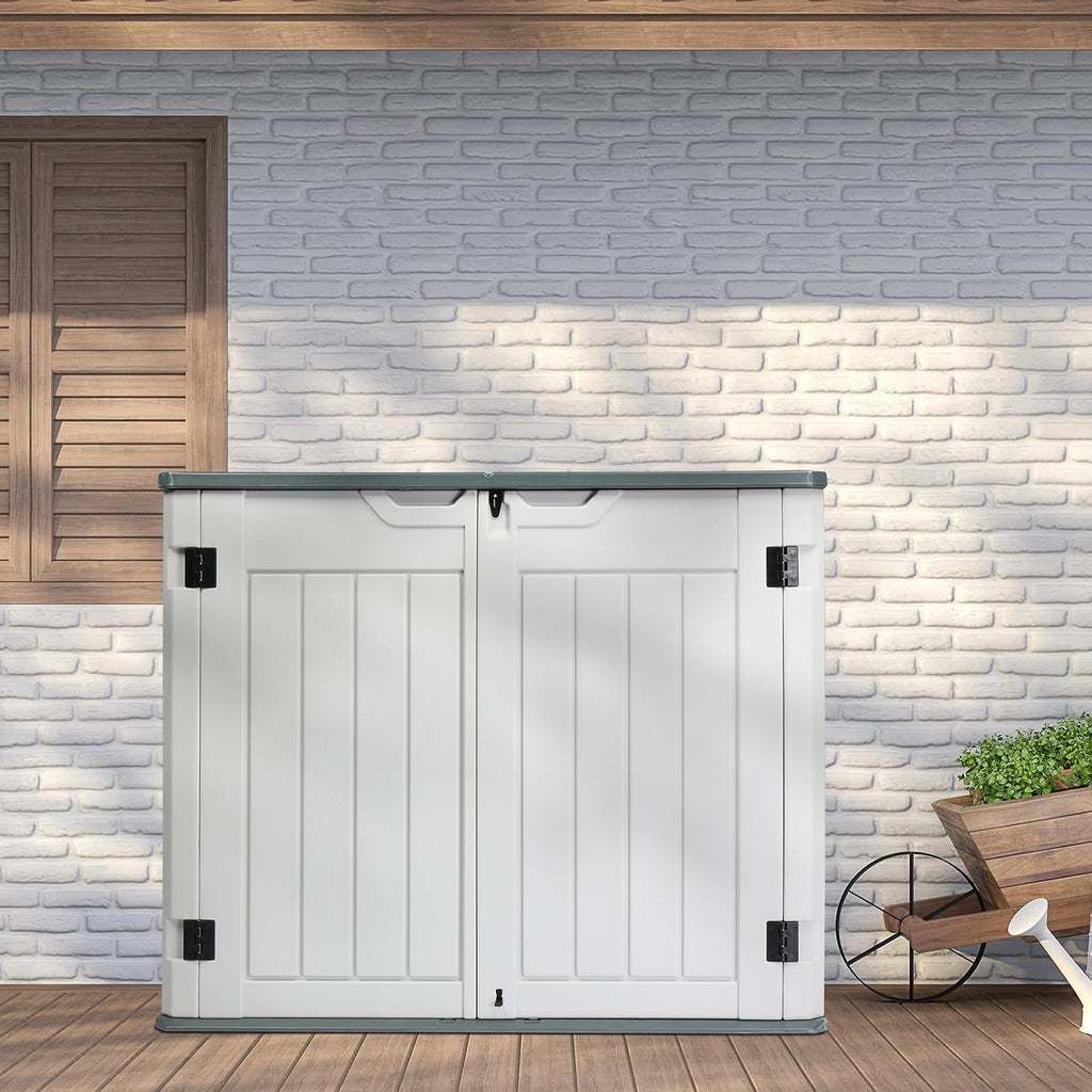 vingli upgraded 260 gallon plastic outdoor storage cabinet on a desk or shelf