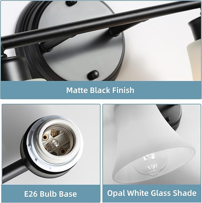 LOUSACE 2 Light Bathroom Vanity Light Matte Black Bathroom Lighting Fixtures