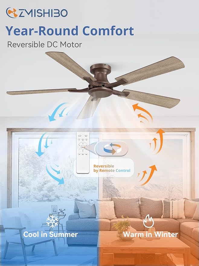 ZMISHIBO 52 Inch Ceiling Fan No Light, Flush Mount Low Profile, Farmhouse Brown