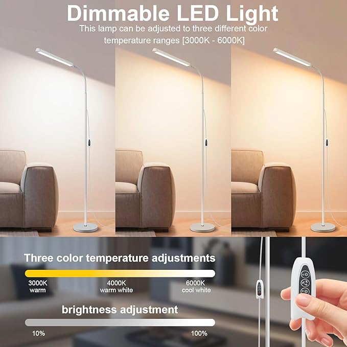 White LED Reading Floor Lamp, Bright 12W Dimmable Standing Light, Adjustable