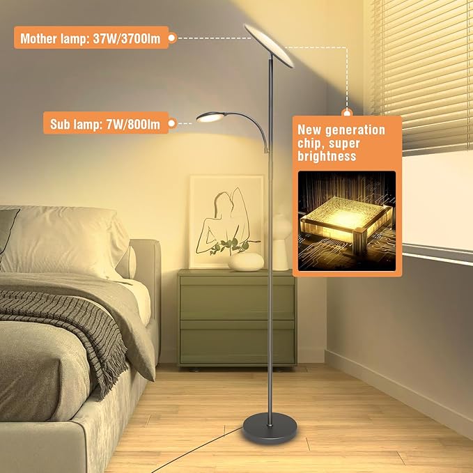 marctronic Gray Floor Lamps for Living Room, 44W/4500LM Super Bright 2 in 1 LED
