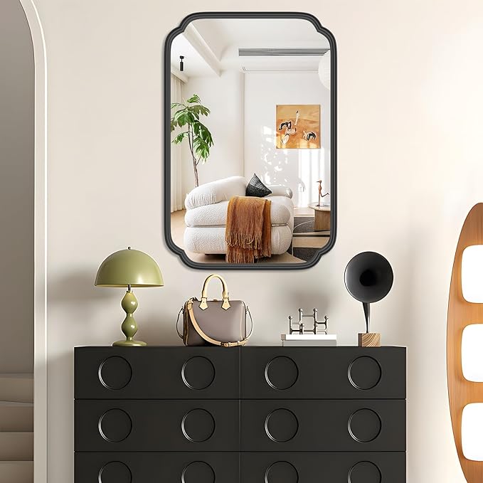 Black Bathroom Mirror for Over Sink 20" x 30" Modern Rounded Rectangle Bathroom