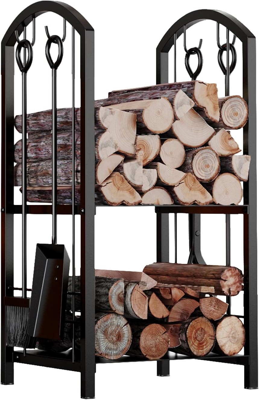 Fire Beauty Wrought Iron Firewood Log Rack with 4 Pcs Fireplace Tools Black