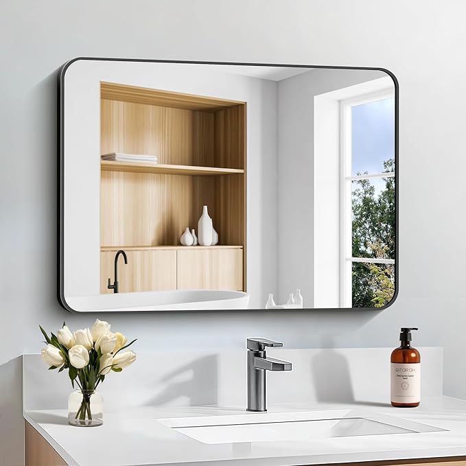 Bathroom Mirror, 18 x 24 inch Metal Framed Black Rectangle Mirror, Rounded