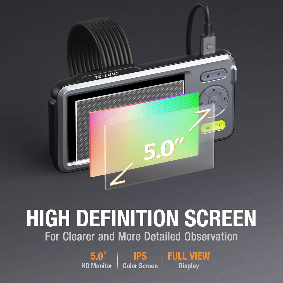 teslong 5mm dual lens borescope camera for home/automotive/pipe/car/wall showing dimensions