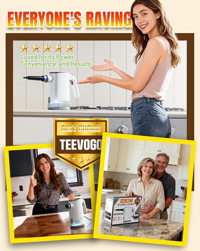 TEEVOGO Pressurized Steam Cleaner, 15s Instant Heat Handheld Steam Cleaner