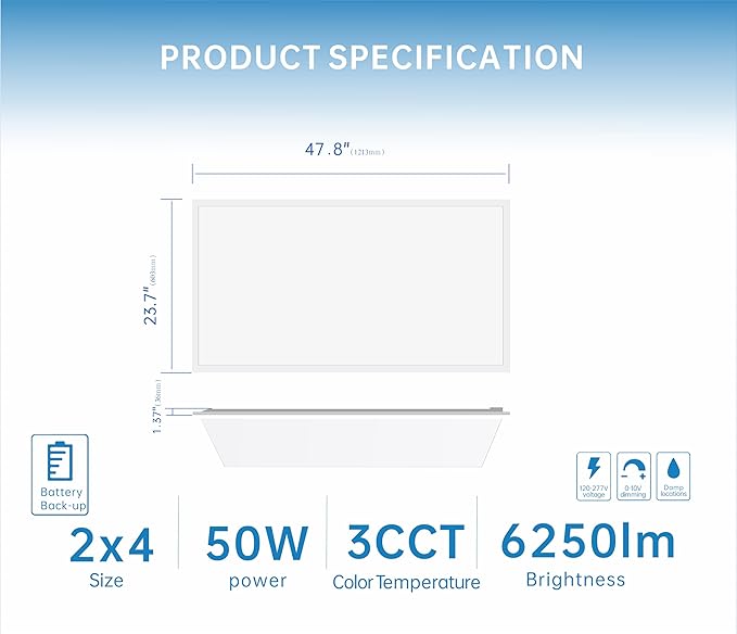2X4 LED Flat Panel Light with Emergency Battery Backup, 50W 3000K/4000K/5000K (2 Pack)