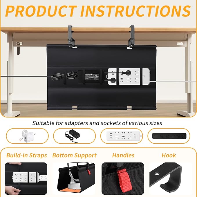 SUREUP9 No Drill Under Desk Cable Management Tray, Fabric Cable Management