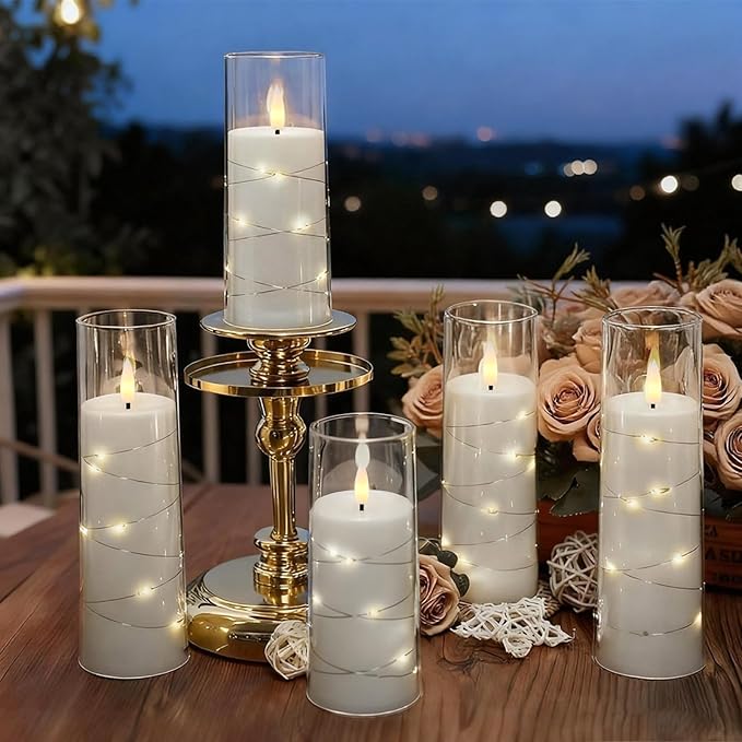 Raycare Flameless Candle with Remote Timer – 9 Flickering Acrylic Battery Operated LED Pillar Candles with Embedded Star String for Halloween, Home Decor, and as a Gift (White) (9 Pcs)