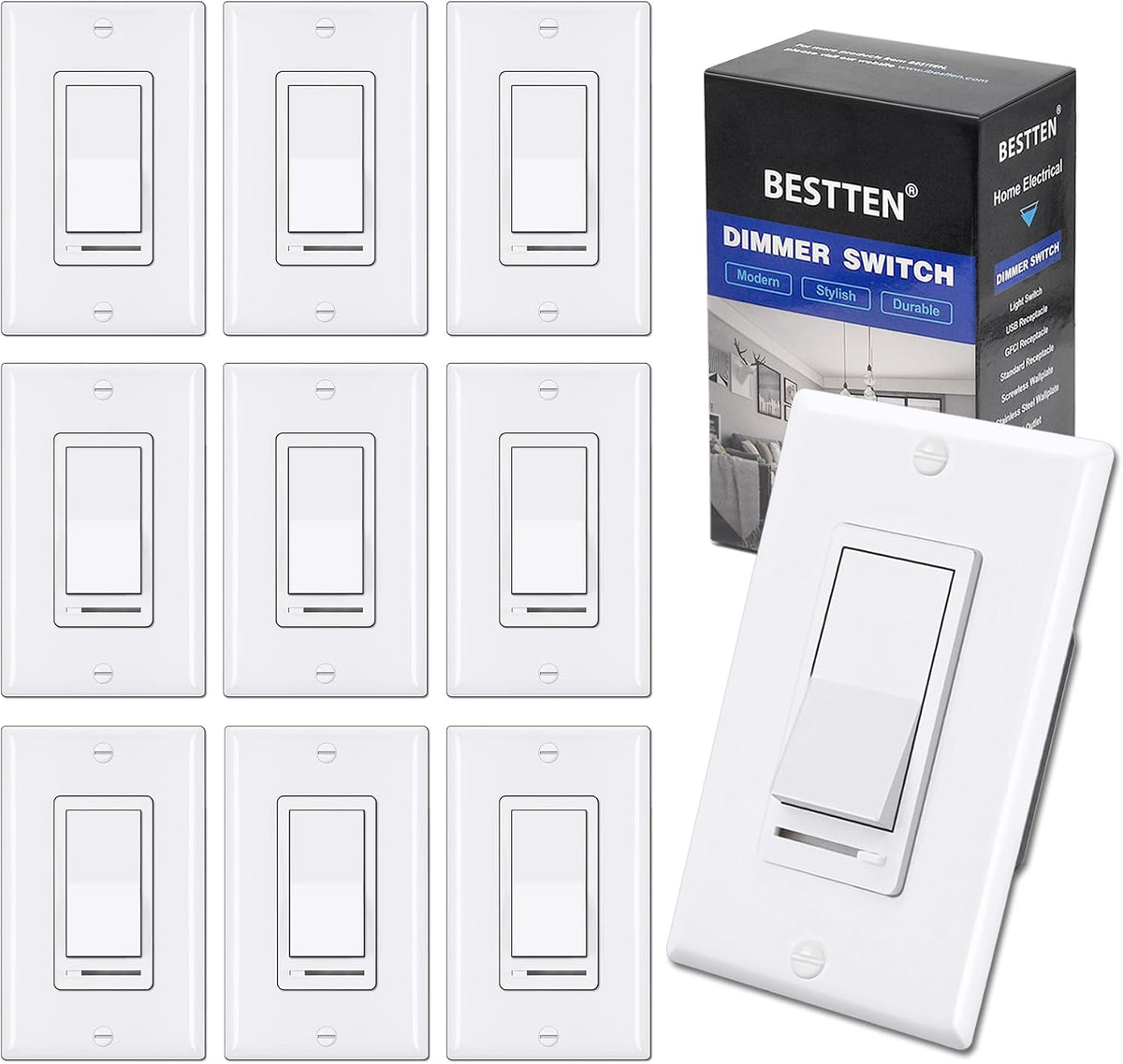 BESTTEN 10 Pack Dimmer Light Switch, Single-Pole or 3-Way Dimmer Switches