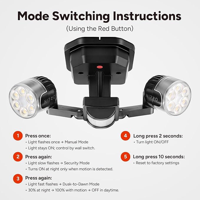 OREiN Motion Sensor Outdoor Security Lights, Dual-Head Adjustable LED Flood (2 Pack)