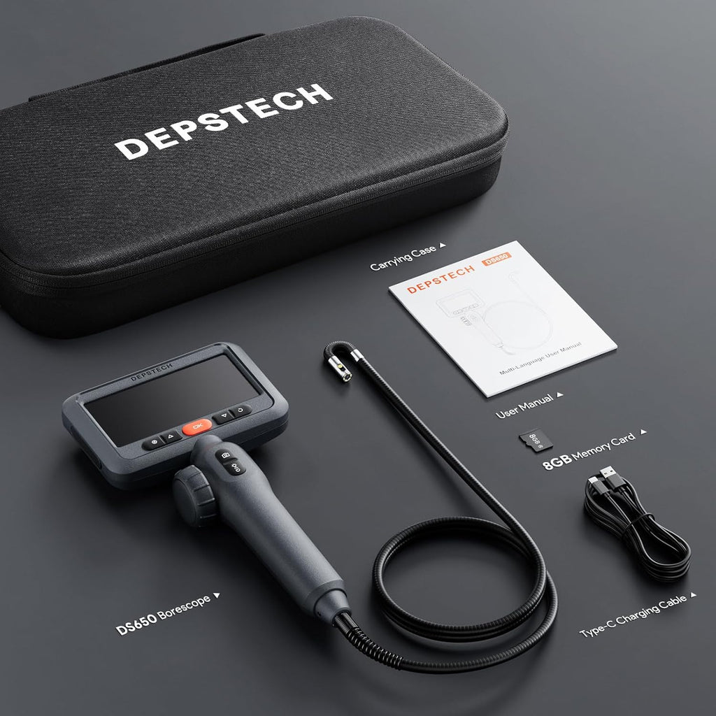 depstech dual lens articulating borescope, endoscope camera with, front angle view