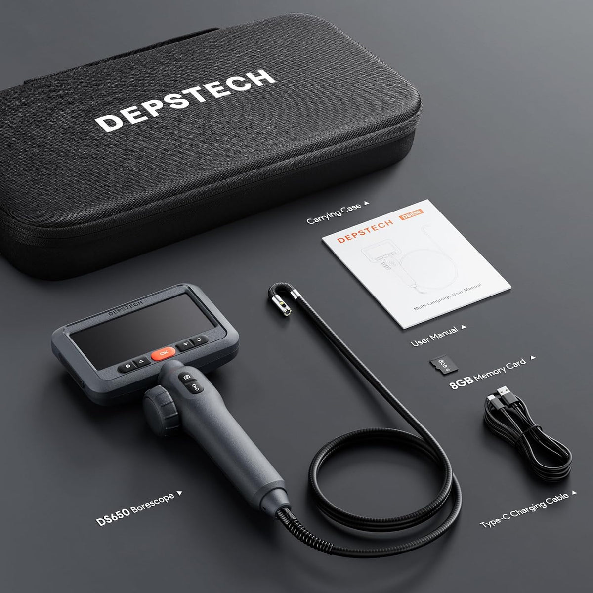 depstech dual lens articulating borescope, endoscope camera with, front angle view