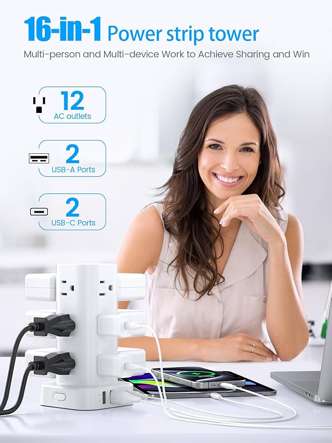 Flat Plug Power Strip Tower Surge Protector, 10FT Flat Extension Cord