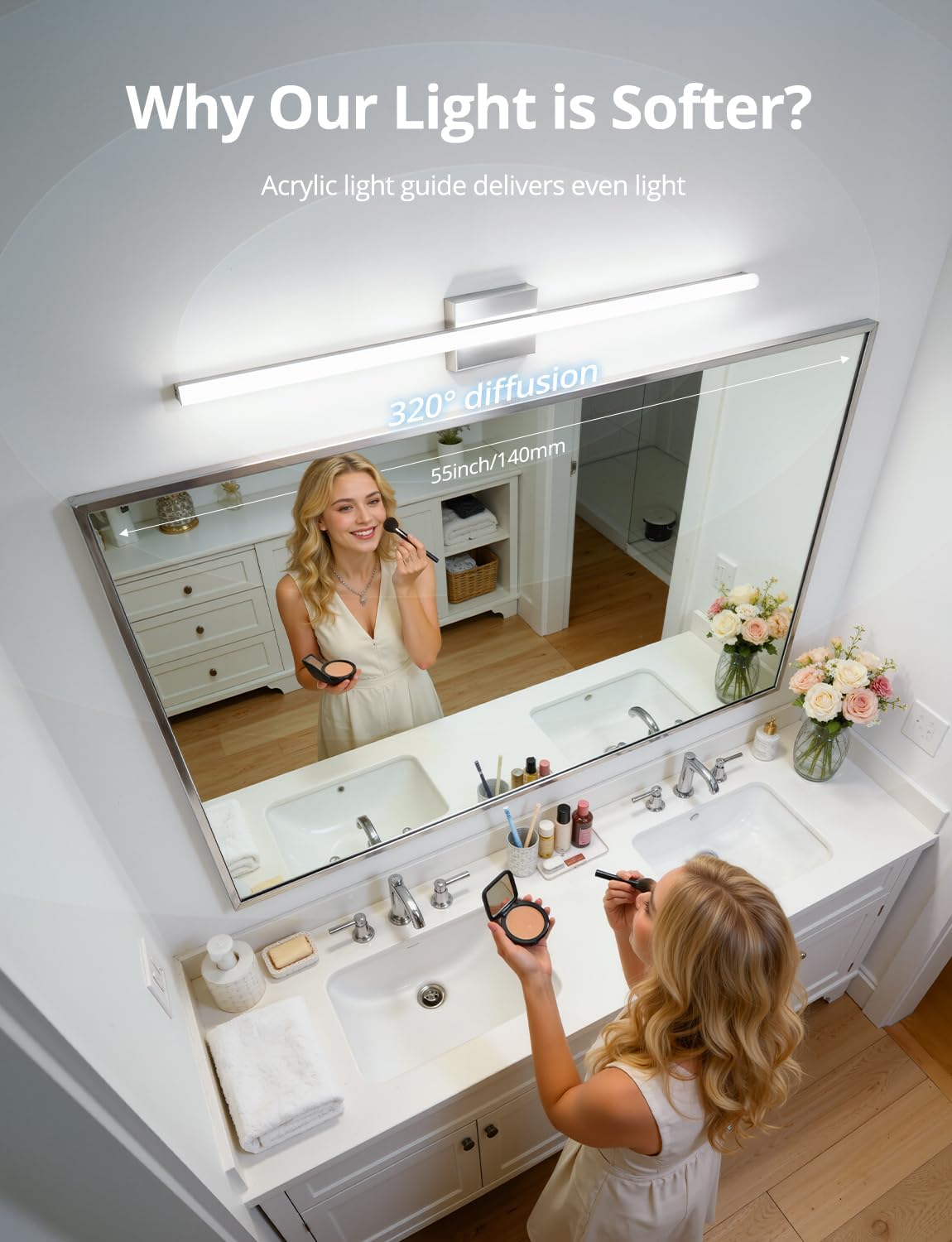 Bathroom Vanity Light Fixtures Above Mirror, Modern Wall Lamp Chrome | 48 Inch Extra-Long, Gentle Shadow Free, Linear Design, for Makeup, Simple Slim, Splash-Resistant, 6000K Cool White, 1 Pack