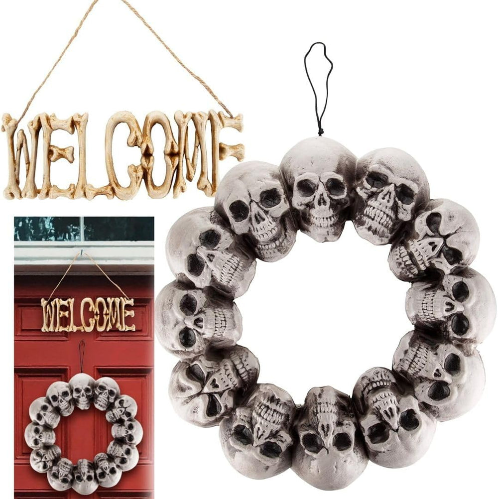 Halloween Welcome Sign & Skull Wreath 2 Pack Fall Skeleton Door Wall Decor
