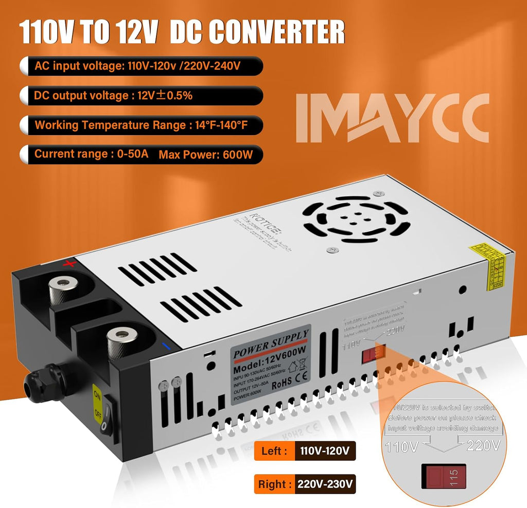 12v power supply,110v to 12v dc converter, imaycc shown in use