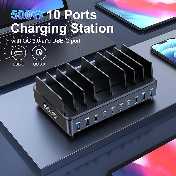 chipofy 500W Charging Station for Multiple Devices, 10-Port Multi USB C Fast