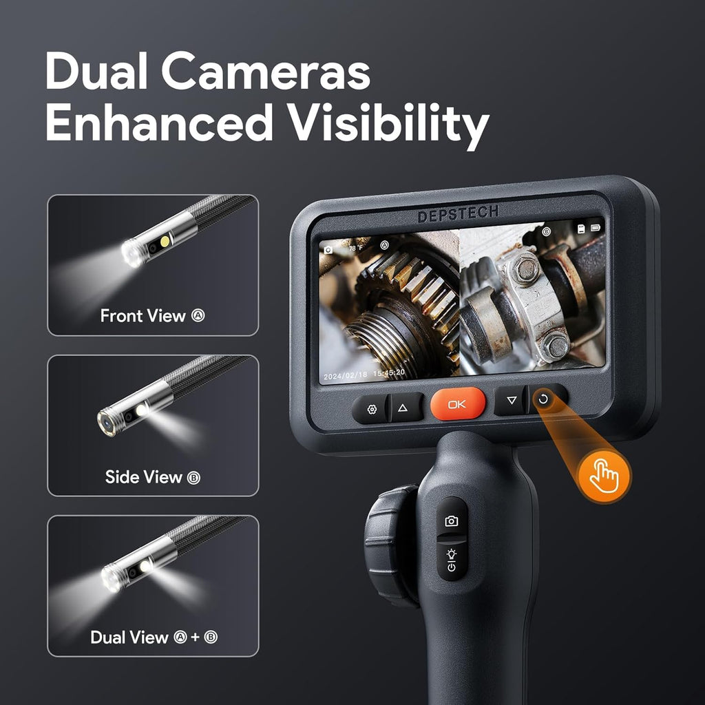 depstech dual lens articulating borescope, endoscope camera with, close-up detail