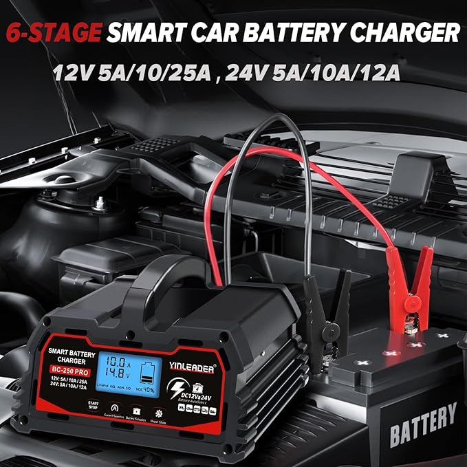 Battery Charger 25A, 12V/24V Lead Acid Smart Battery Charger, 12V LiFePO4 Car