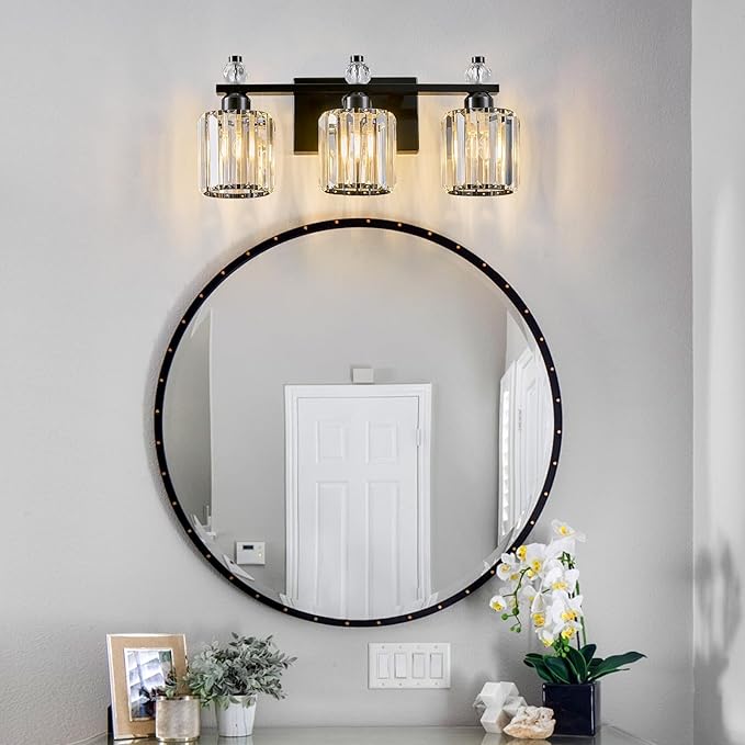FDPBY Bathroom Vanity Lights 3-Light Plating Black Modern Crystal Vanity Light