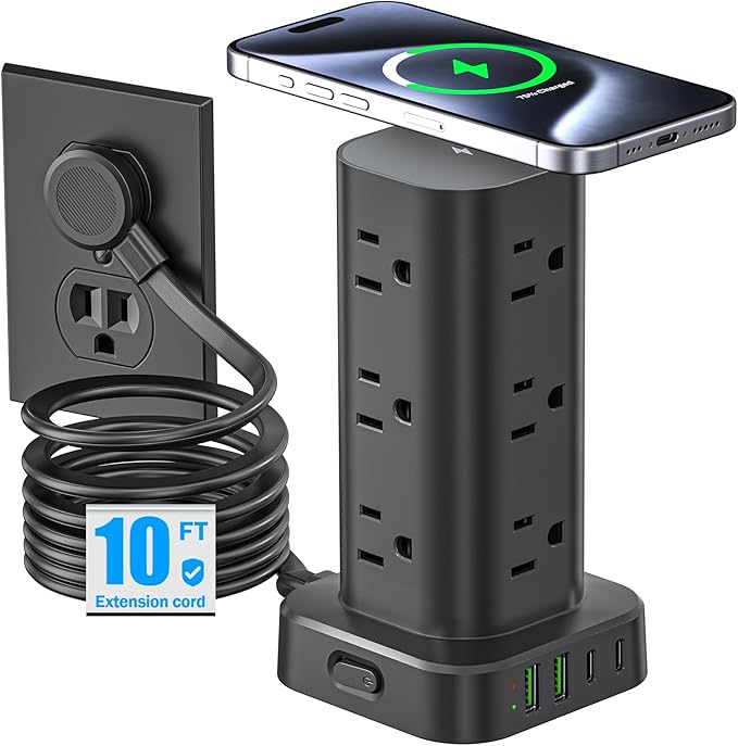 Tower Power Strip with 15W Wireless Charger, 10FT Flat Plug Extension Cord with