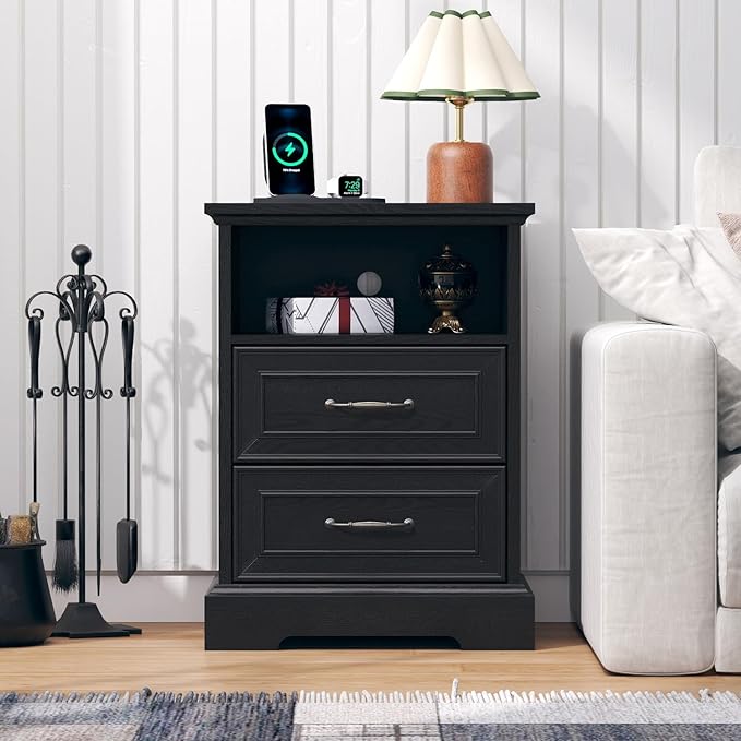 Nightstand with Charging Station Set of 2, Farmhouse Wood Small Dresser