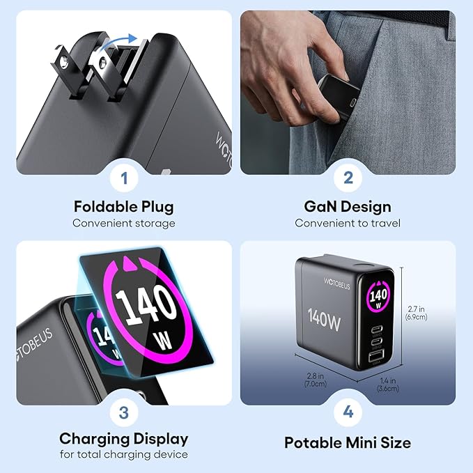 WOTOBEUS GaN Dual 140W USB C PD 3.1 Wall Charger