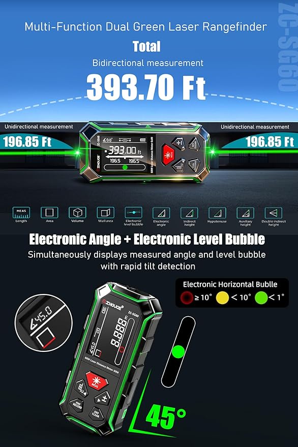 ZC-SG60 Dual Laser Measuring Tool, 196Ft Green-Beam Bilateral Digital Laser
