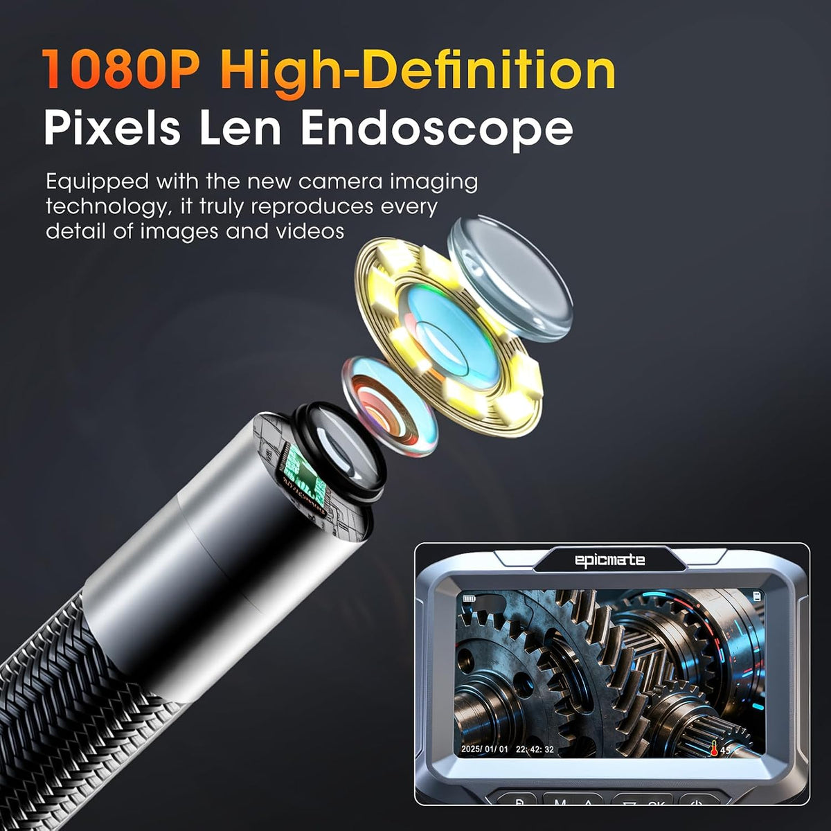 articulating borescope camera with light for automotive &, side view