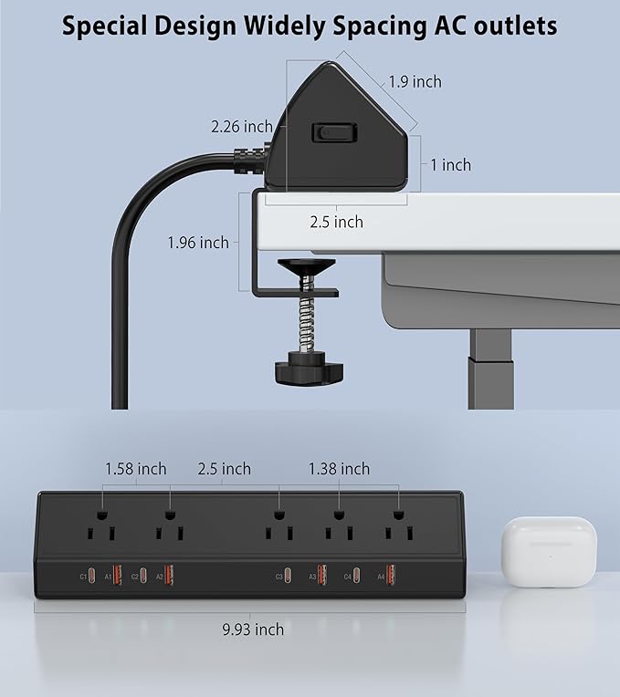 Desk Clamp Power Strip 65W Fast Charging Station, 4 PD USB-C, 5 Outlets